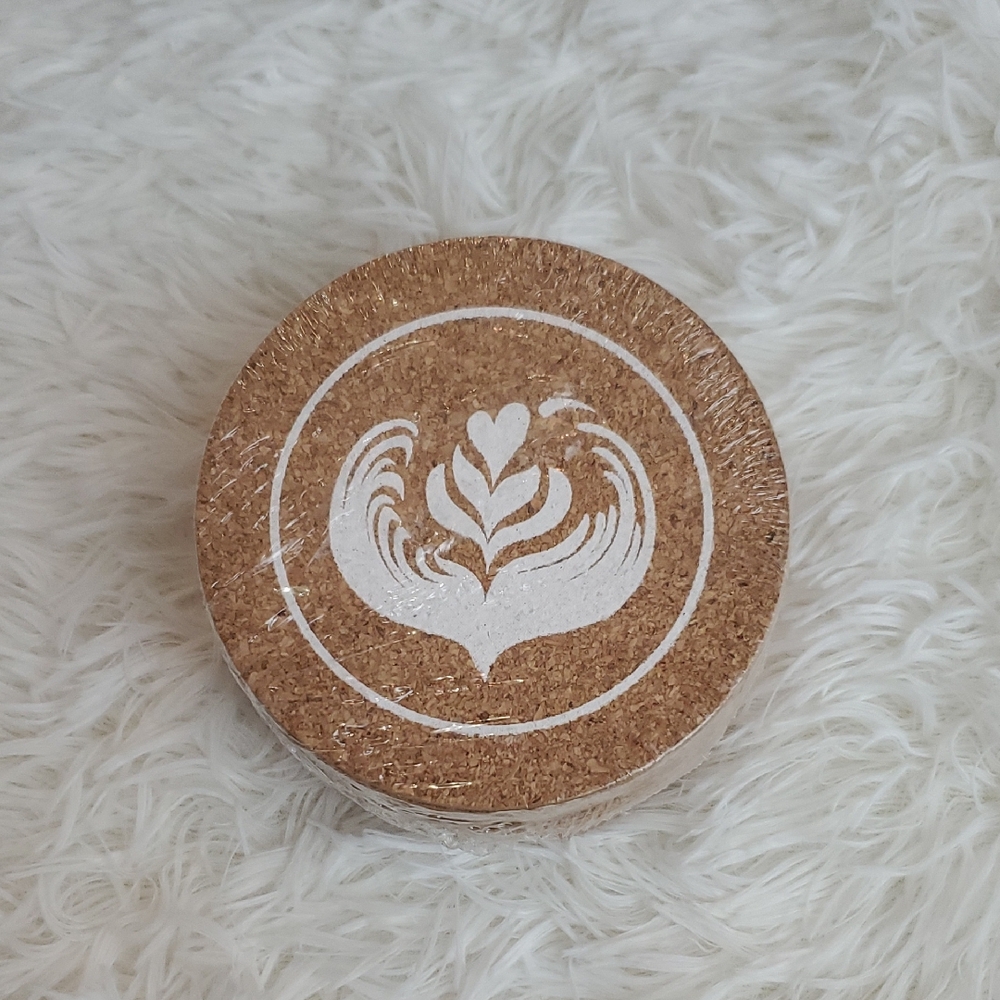 2/$15 - 8 Piece Round Cork Coaster Set With White Heart Design New Sealed